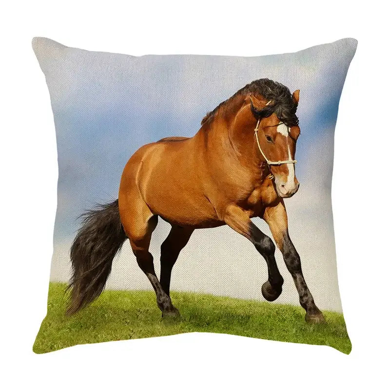 Square vibrant linen galloping horse pillowcase decorbites galloping horse featuring brown horse with white blaze and black mane