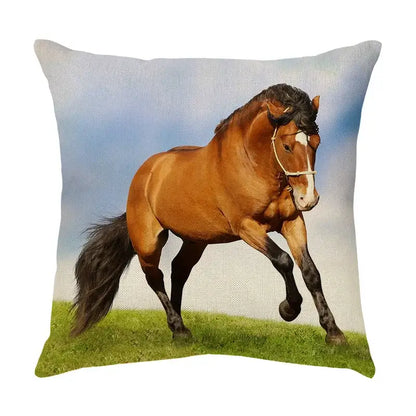 Square vibrant linen galloping horse pillowcase decorbites galloping horse featuring brown horse with white blaze and black mane