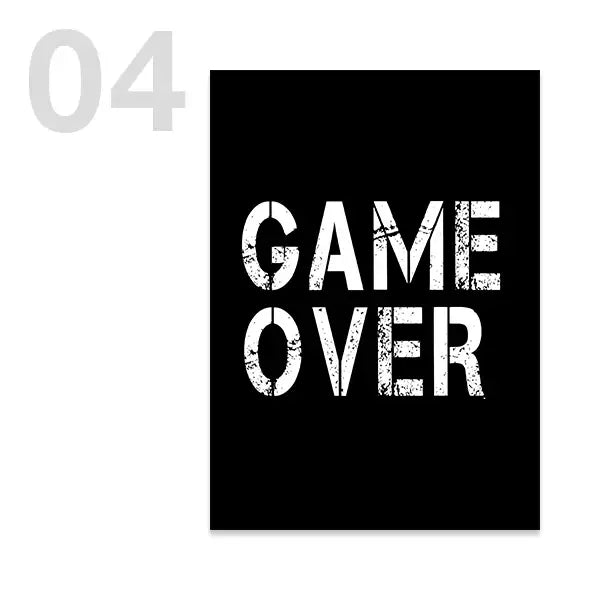 Decorbites black rectangular wall art with distressed white game over text featuring a white game controller design