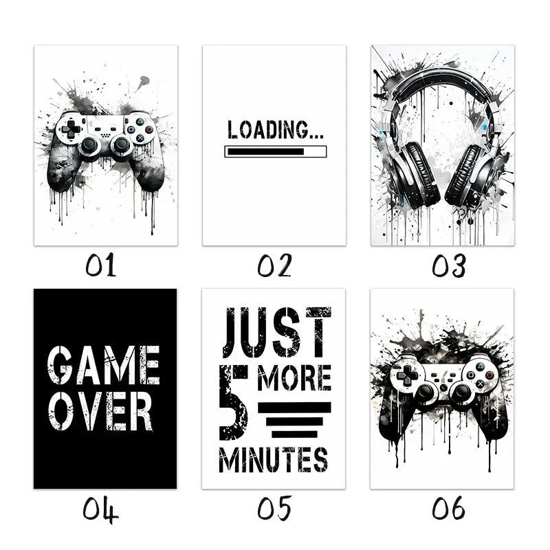 Set of six black and white game controller wall art prints with splattered paint designs and gaming-themed text by decorbites
