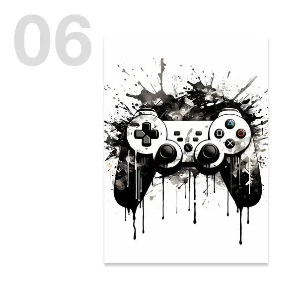 Decorbites™ black and white game controller wall art featuring a splatter art print of a playstation controller design