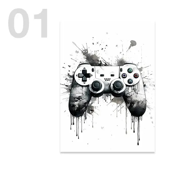 DecorBites™ black and white game controller wall art featuring watercolor style with splatter effects for white game décor
