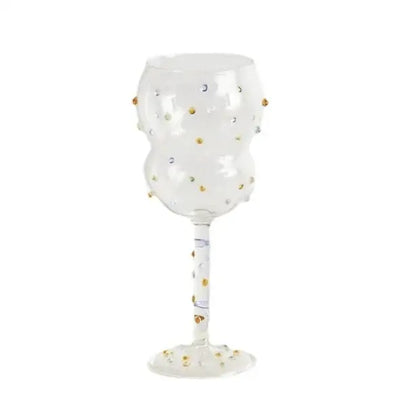 Clear glass gem spark coupe goblet adorned with gold and silver metallic dots from decorbites gem spark set