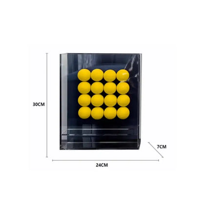 Clear acrylic geometric abstract acrylic ball ornament display case holding bright yellow tennis balls for living room decor