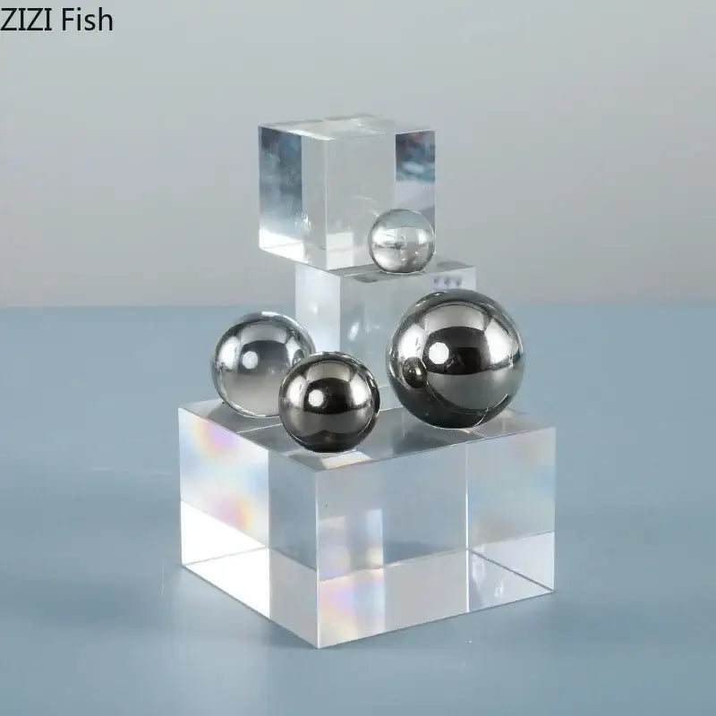 Geometric acrylic cube desk ornament with shiny silver ball spheres on transparent acrylic for bedroom decorbites crystal ladder decor