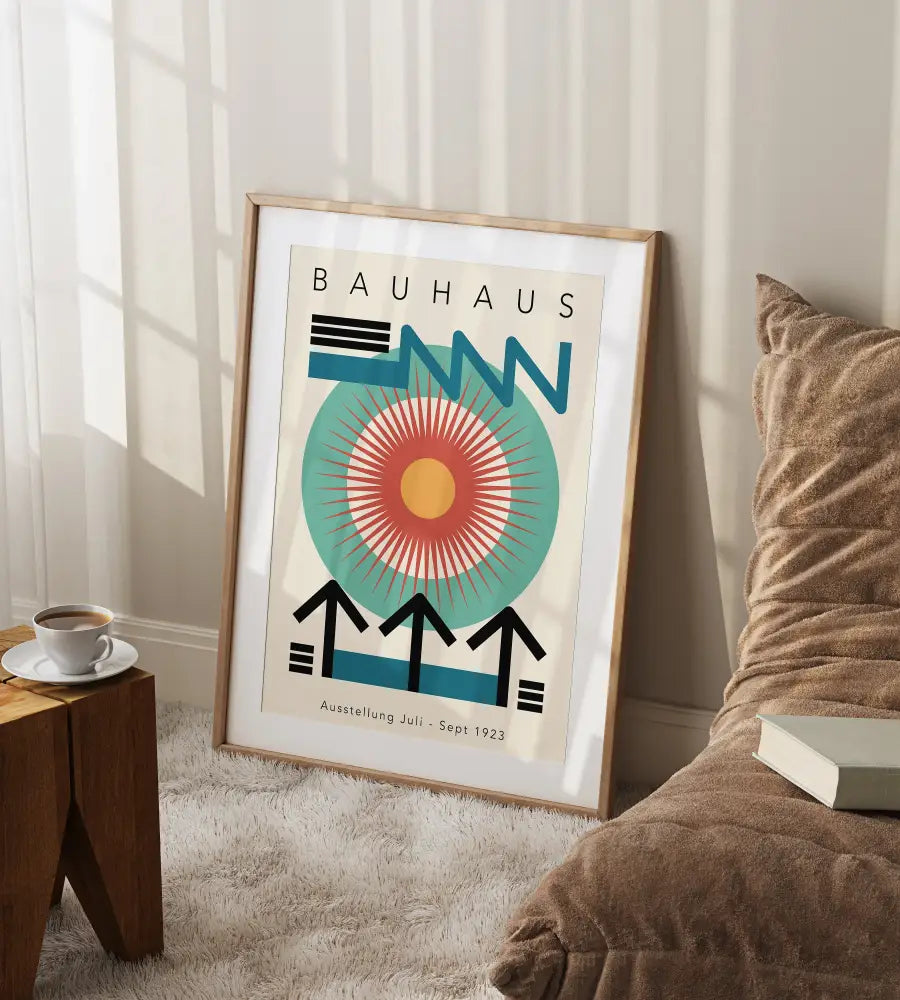 A framed decorbites™ bauhaus art canvas with bold blue teal and orange geometric design on off-white background