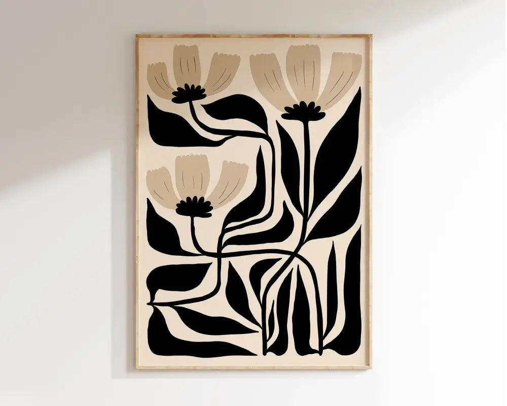 Minimalist framed art canvas print featuring black and beige stylized flowers for mid century bauhaus decor