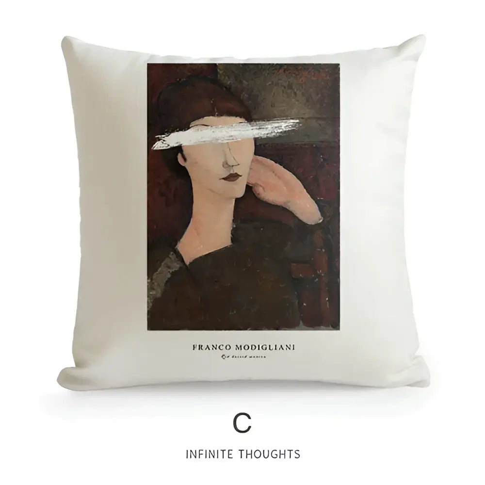 Cream-colored cushion cover featuring franco modigliani portrait and white brushstroke for geometric artist sofa decorbites decor