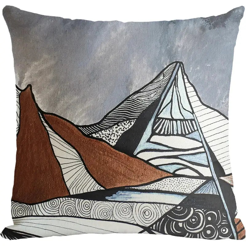 Square cushion cover with abstract mountain design in gray, brown, black, white, and light blue for decorbites geometric artist sofa decor