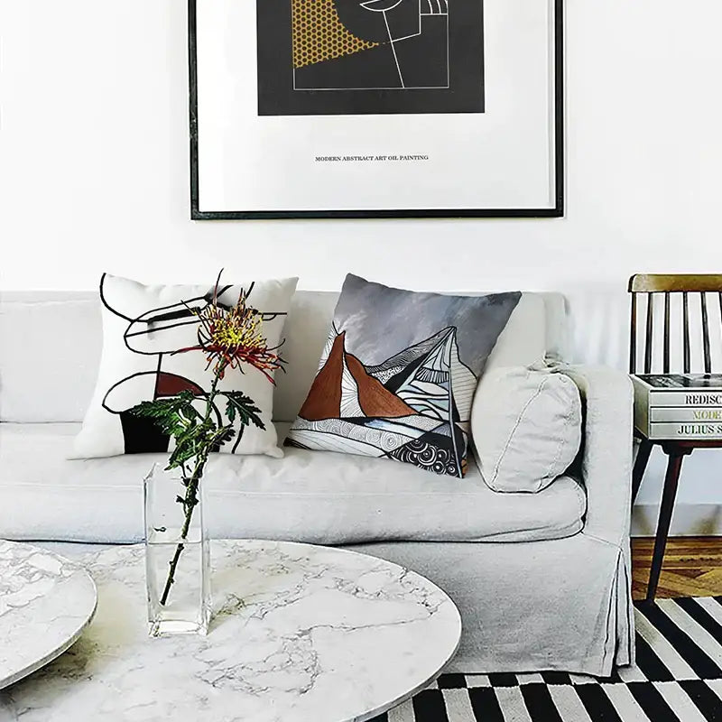 White throw cushion cover with black and red abstract line art decorbites geometric artist sofa for living room decor
