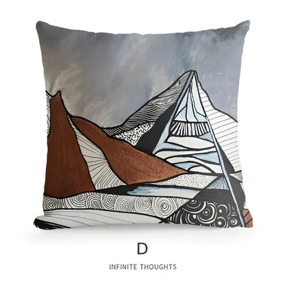 Square cushion cover with abstract mountain landscape in earthy tones for decorbites geometric artist sofa decor