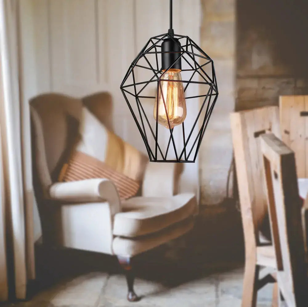 Black geometric wire cage pendant light with exposed edison bulb for decorbites birdcage diamond ceiling use