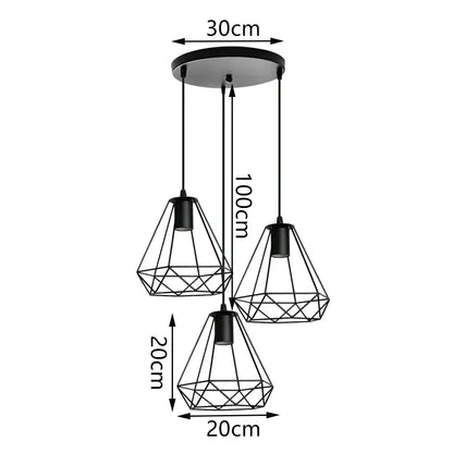Geometric black decorbites iron chandelier pendant with three diamond-shaped shades for kitchen lighting