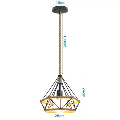 Industrial-style geometric black diamond cage iron pendant light with natural rope suspension and woven rope accents