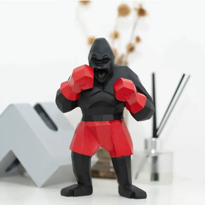 Geometric black and red king kong gorilla sculpture with boxing gloves and shorts for office desk decorbites decor