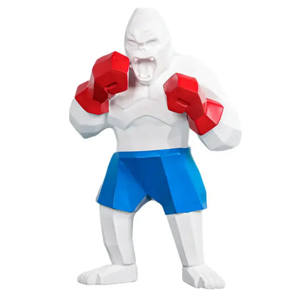 White geometric gorilla figurine with red boxing gloves and blue shorts as decorbites king kong sculpture office decor