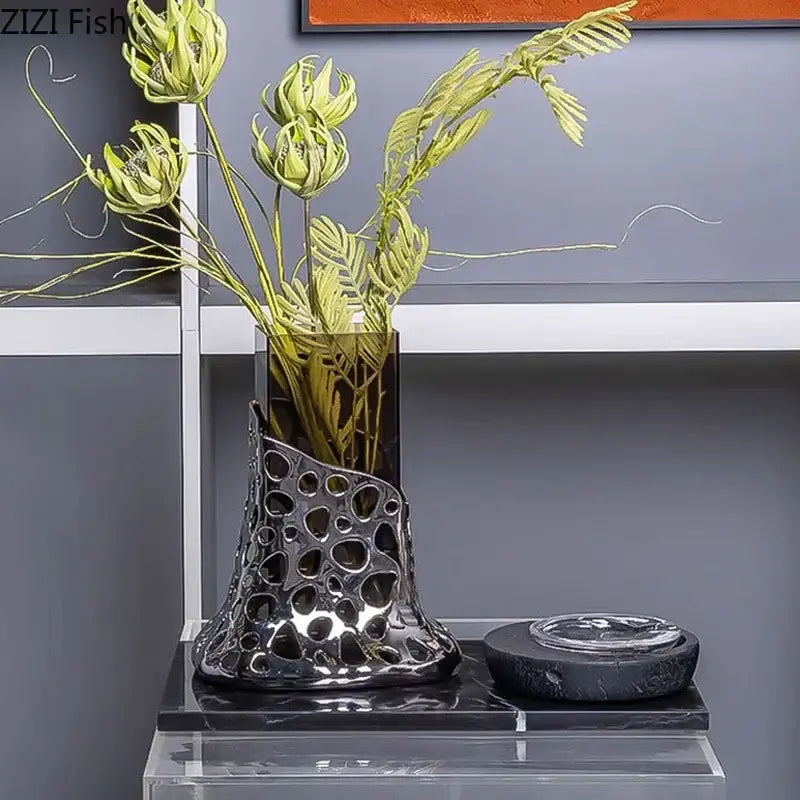 Black ceramic decorbites gold plated hollowed vase with modern perforated design for living room decor