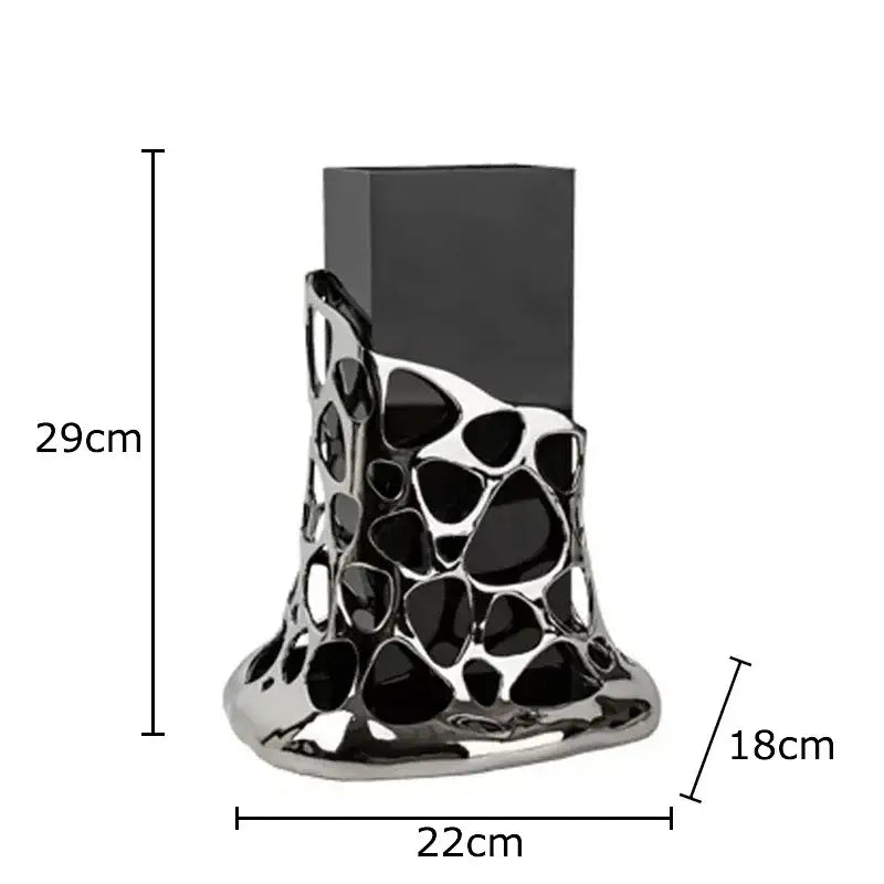 Black and silver metallic plated hollowed vase with sculpted organic pattern for decorbites gold plated living room decor