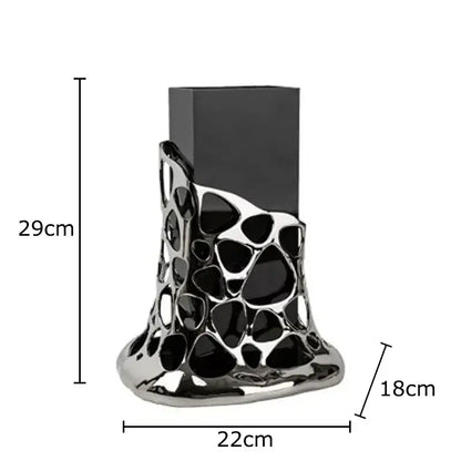 Black and silver metallic plated hollowed vase with sculpted organic pattern for decorbites gold plated living room decor