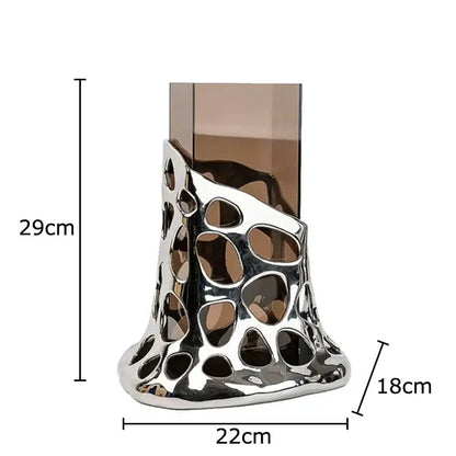 A sleek 29cm silver metallic plated hollowed vase with irregular holes for decorbites gold plated living room decor