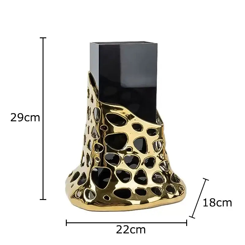 Gold plated hollowed ceramic vase with glossy black insert and intricate lattice design for living room decorbites decor
