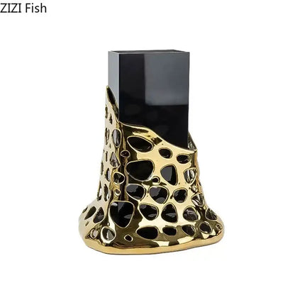 Geometric black and gold plated hollowed vase with gold plated hollowed ceramic and sleek black insert for living room decorbites gold plated
