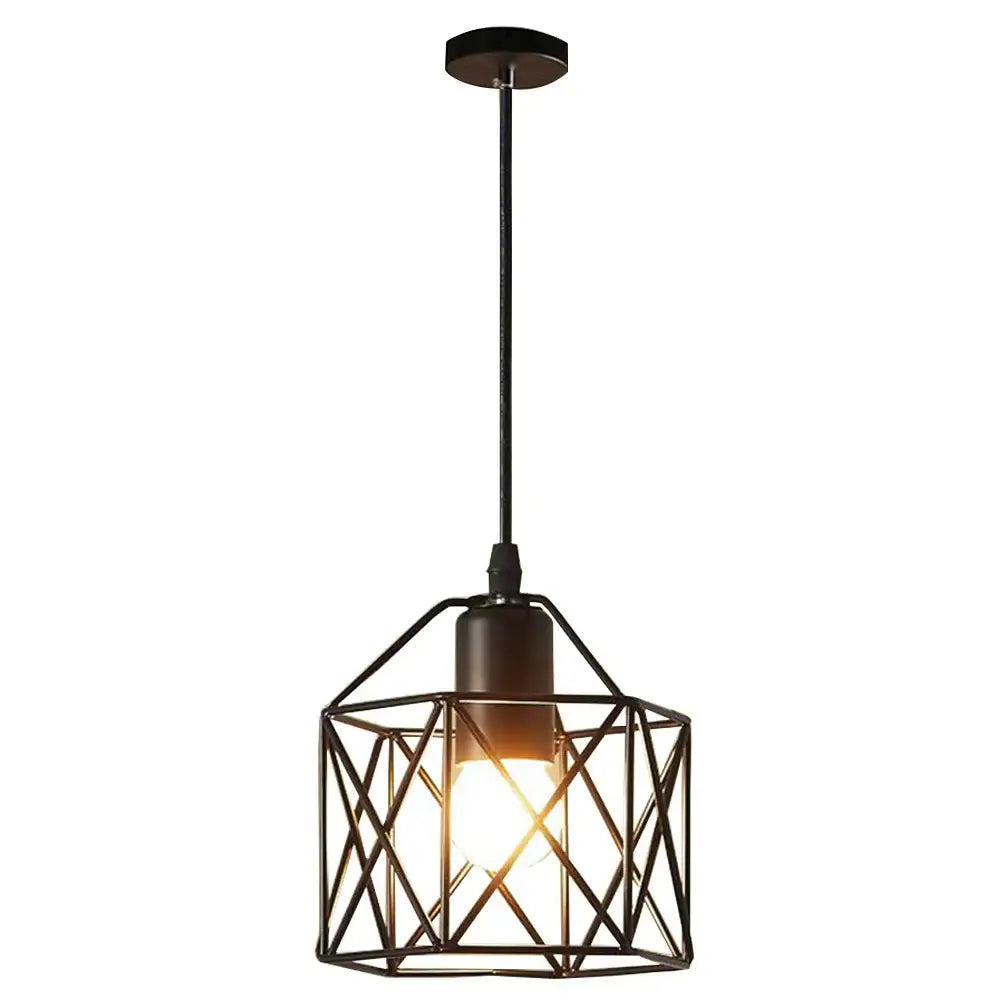 Geometric black metal chandelier kitchen wireframe pendant light with warm glowing bulb by decorbites black metal