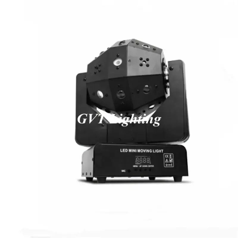 Black led mini moving head light with geometric multi-faceted head and digital display for beam strobe party room use