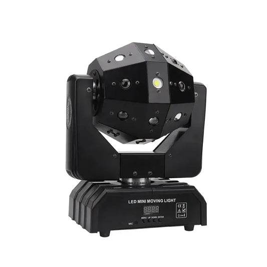 Black led mini moving head light with geometric multi-faceted design and beam strobe for party room use
