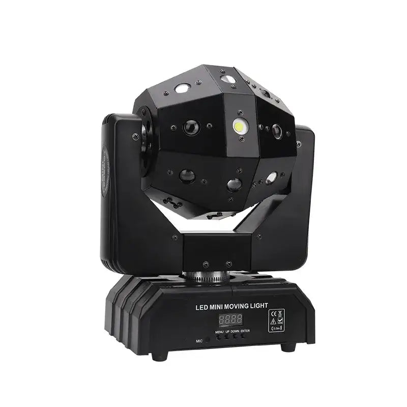 Black led mini moving head light with geometric multi-faceted design and beam strobe for party room use