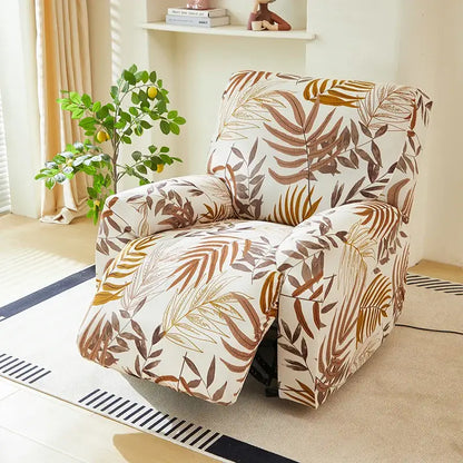 A cozy recliner chair with a stretchy leaf-patterned fabric cover in warm brown gold on creamy white background