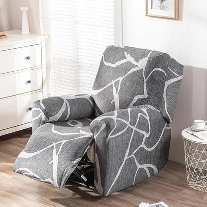 Gray and white abstract-patterned stretch fabric recliner cover shown with geometric black and red design for living room use