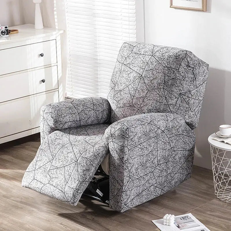 Gray and black geometric-patterned stretch fabric recliner cover designed for living room use