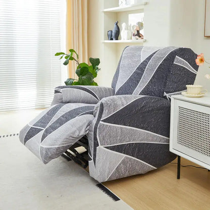 Gray and white geometric-patterned stretch recliner cover suitable for living room furniture protection and style