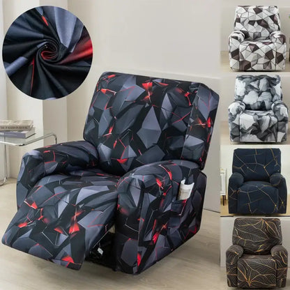 Geometric black and red stretch recliner cover with glossy fabric texture for living room seating protection