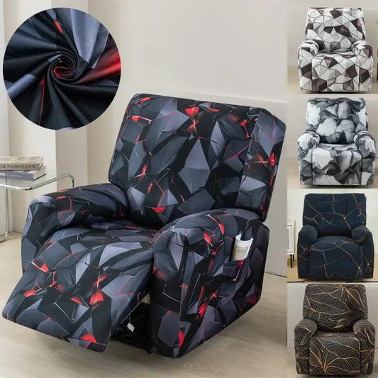 Geometric black and red stretch recliner cover with glossy fabric texture for living room seating protection