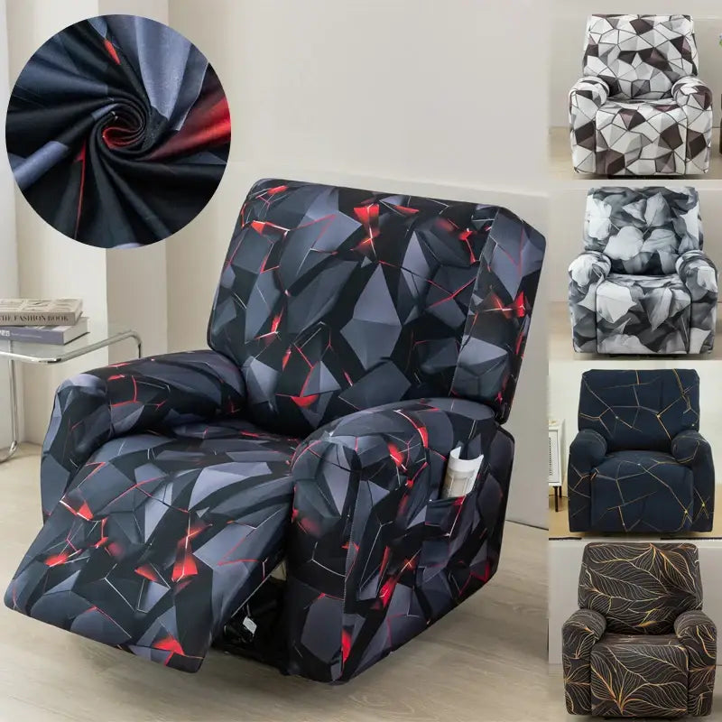 Geometric black and red stretch recliner cover with glossy fabric texture for living room seating protection