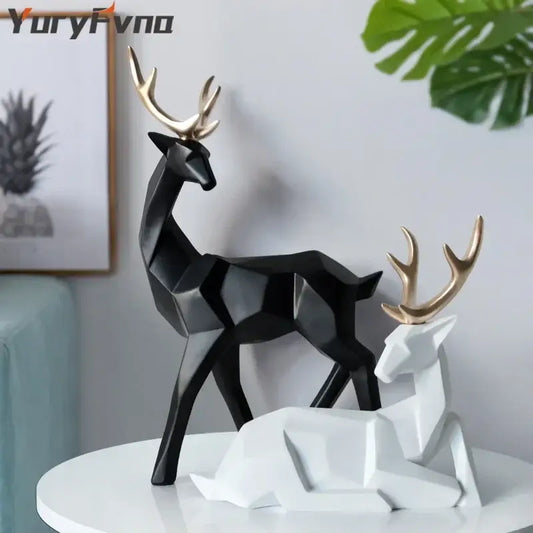 Geometric black and white deer sculpture with gold antlers decorbites deer sculpture for living room decor