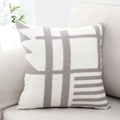 Off-white square cushion cover with textured gray geometric pattern in decorbites embroidered burlap for living room decor