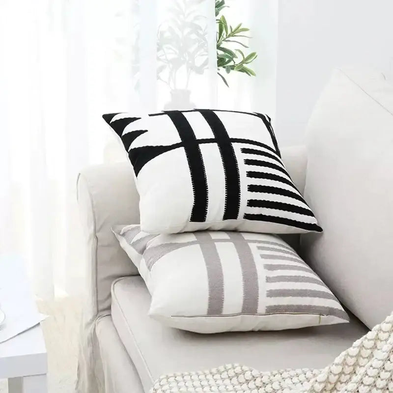 Geometric black and white embroidered burlap cushion cover with knit throw pillow pattern for living room decorbites decor