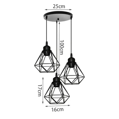 Black metal geometric decorbites iron frame pendant chandelier with three diamond-shaped shades for dining room decor