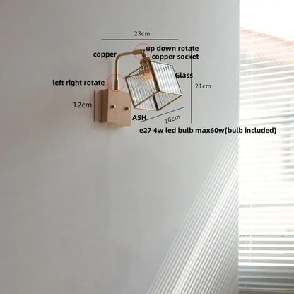 Copper and wood wall light with clear glass cube shade from decorbites brass led wall lighting collection for dining room