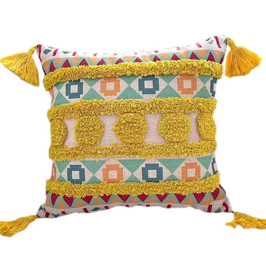 Vibrant decorbites geometric bohemian pillow case with mustard yellow tassels and textured yarn accents for living room decor