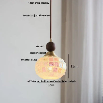 Spherical pendant light with colorful glass mosaic, walnut finial, and adjustable wire, perfect for dining room decorbites clear glass