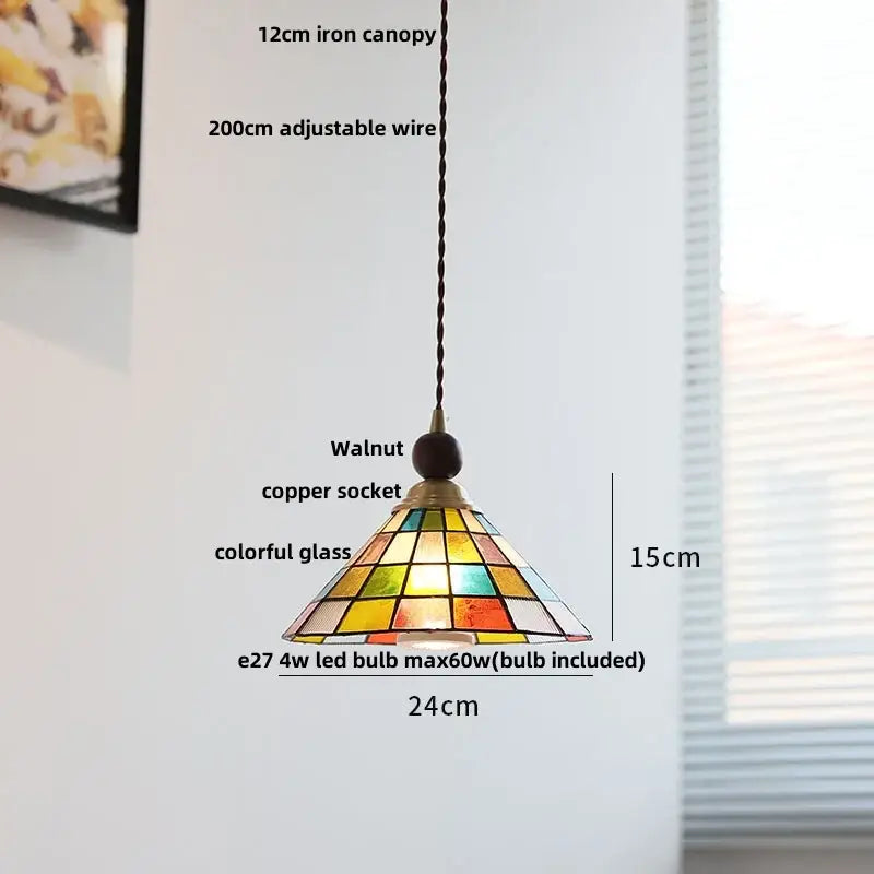A colorful stained glass pendant light with walnut-finished copper socket and 12cm iron canopy for decorbites clear glass LED