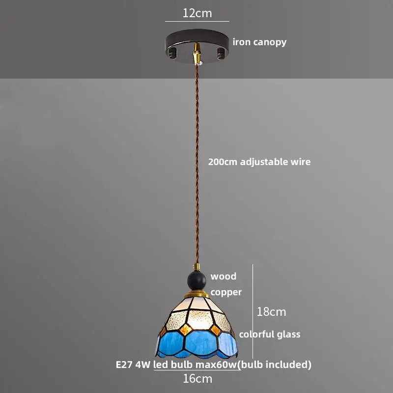 Stained glass pendant light with blue and gold geometric patterns and copper accents for dining room decorbites clear glass led