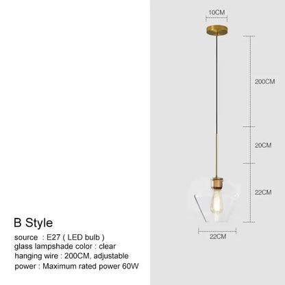 Geometric brass and glass chandelier pendant light with clear glass shade and adjustable 200cm wire for kitchen lighting