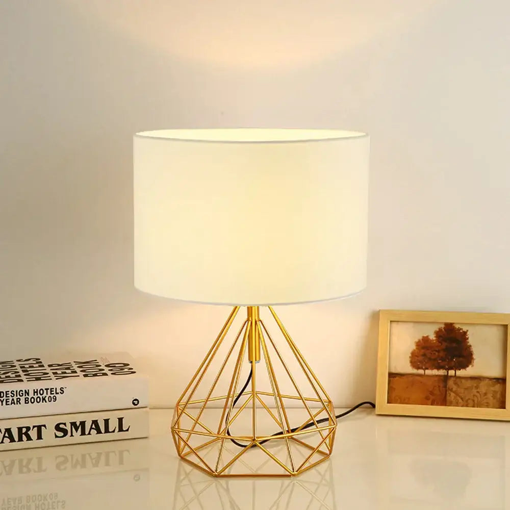 Gold geometric wire base desk lamp with white linen fabric led shade for bedroom night light decorbites linen fabric