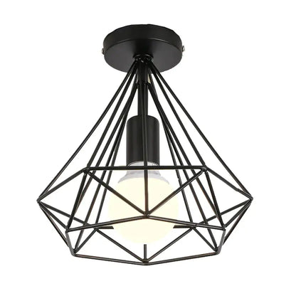 Black geometric cage iron ceiling light fixture with central exposed bulb for dining room use