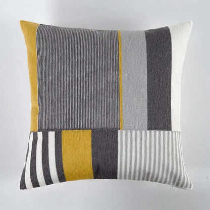 A square geometric canvas cotton cushion cover with vertical stripes in yellow grey black and white for living room decorbites